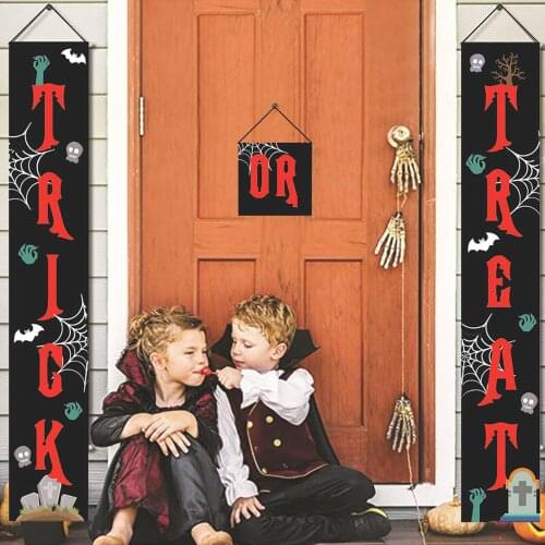 3 PCS Trick OR Treat Banner Holiday Halloween Porch Sign Outdoor Garden Indoor Hanging Sign with Pumpkin Ghost Bat Decorations