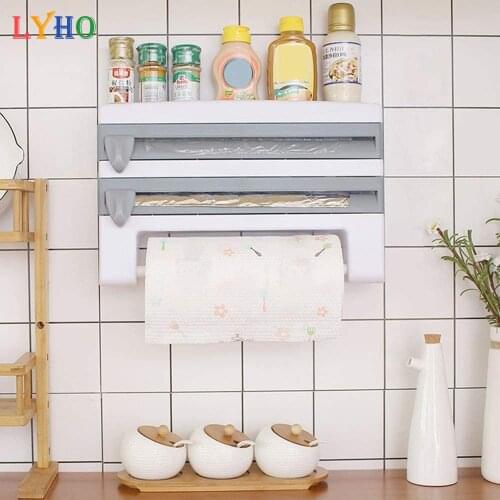 4-in-1 Wall Mount Paper Towel Holder Organizer Kitchen Storage Rack Aluminum Foil Dispenser Plastic Wrap Dispenser with Cutter