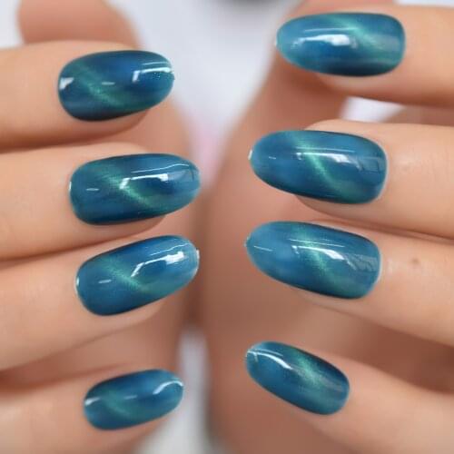 Blue Color Acrylic Nails Dreamy Galaxy Designed Press On Nails Medium Round Fake False Salon Nail