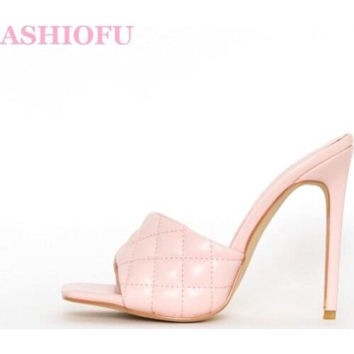 ASHIOFU New Hot Sale Womens High Heels Slippers Stitched PU Open-toe Summer Shoes Slides Sexy Evening Fashion Slipper Shoes