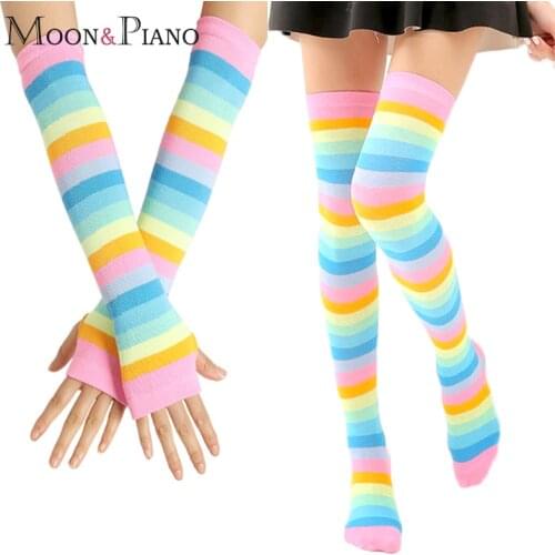 Over Knee Stocking Rainbow Colorful Stripes Cotton Tight High Stockings Harajuku Hiphop Stripe Halloween Cosplay Sexy Women