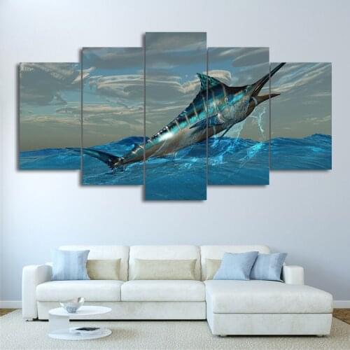 HD Printed Canvas Poster Frame 5 Panel Jumping Tuna Fish Blue Sea Home Decor Living Room Wall Art Painting Modular Picture Frame