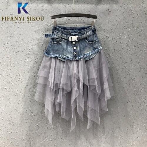 Mesh Splice A-Line Denim Skirt Women Summer Fashion High waist Skirt Female Loose Plus size Casual Midi Knee Length Skirts