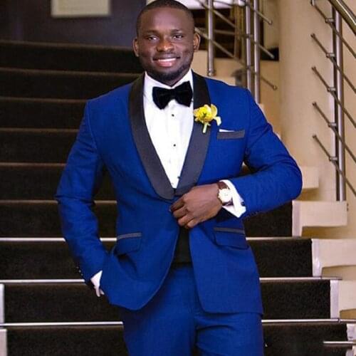 Royal Blue African Wedding Tuxedo for Groom Slim Fit Men Suits with Black Shawl Lapel 2 Piece Male Fashon Jacket Pants 2021