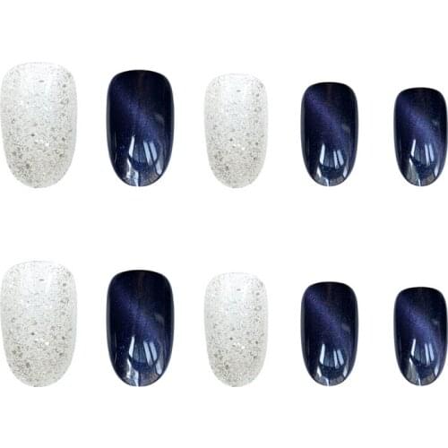 Short Fake Nail Pieces Purple Silver Wearable Nail Sticker Finished Nail Pieces 24 Pieces With Glue NE
