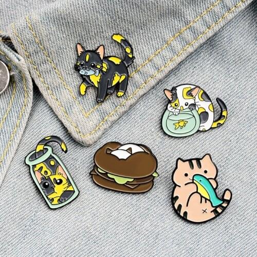 Cute Cat and Fish Metal Enamel Pin Cat Bottle Fish Tank Hamburger Bag Clothes Brooch Badge Lapel Pin Buckle Gift for Friend