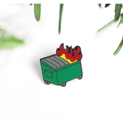 Cartoon Green Fire Trash Can Enamel Pin Fashion Flame Brooch Denim Jeans shirts bags Celebrated fashion Jewelry Gift for Friends