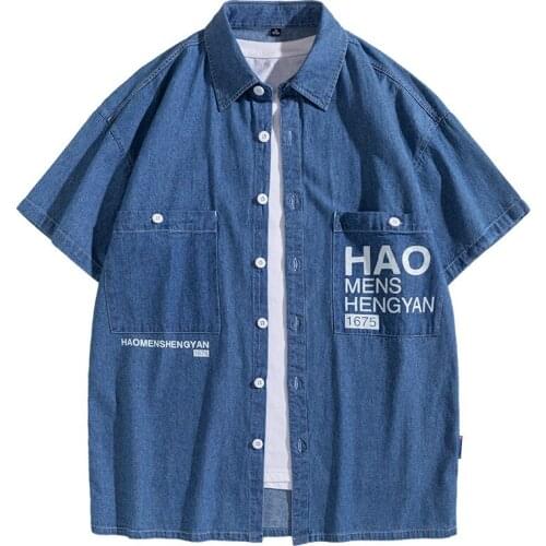 Mens 100% Cotton Denim Short Sleeve Shirt Classic Fashion Letter Print Three-dimensional Pocket Jean Top Male 2021 Summer Brand