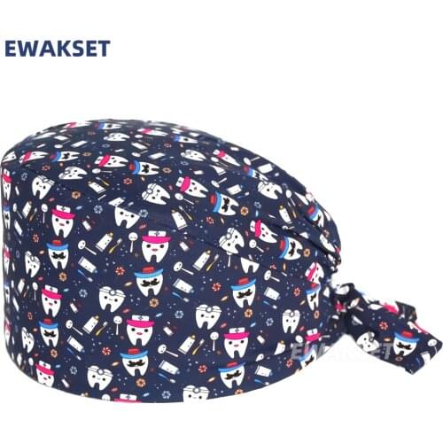 New Scrubs Cap with Elastic Bandage Teeth Print Nurse Working Nursing Hat Dental Clinic Women Men Surgicals Caps Accessories