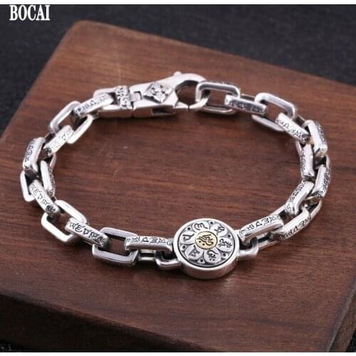 BOCAI New 100% s925 Silver Jewelry Fashion Retro Personality Six-character Mantra Turning 2021 Trendy Man and Womens Bracelets