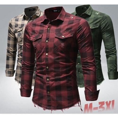 New Fashion Casual Men Shirt Long Sleeve plaid Slim Fit Shirt Men High Quality Cotton Denim shirt Mens Clothes