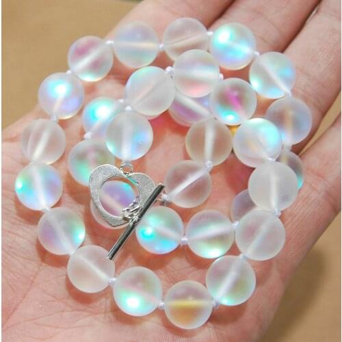 10mm Natural White Gleamy Rainbow Moonstone Round Gems Bead Necklace 18"AAA