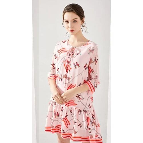 Pink Print Horse Floral Silk Crepe Dresses Women Fashion 2021 Summer Long Casual Sexy Office Work Daily Dress Plus Size Slim