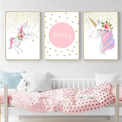 Cartoon Pink Unicorn Custom Name Nursery Self-adhesive Wall Stickers Wall Art Prints Poster for Living Room Home Decoration