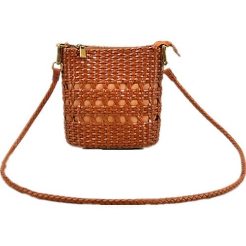 New retro Japanese handmade vegetable tanned cowhide woven shoulder messenger bag leather hollow cross-body female bag
