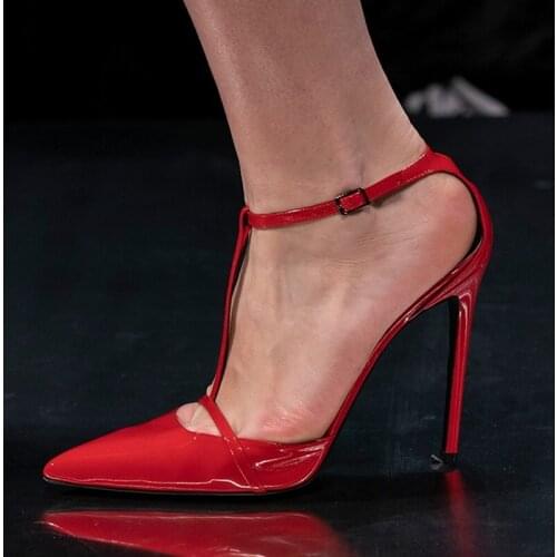 Concise Red Patent Leather T-bar High Heel Pumps Ankle Strap Hollow Pointed Toe Gladiator Sandals T Strap Women Dress Shoes