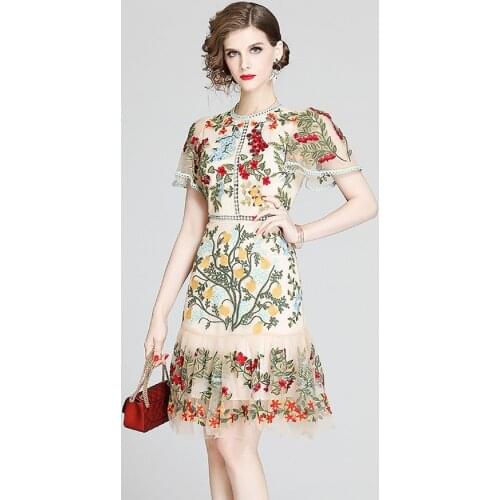 Gorgeous Flower Embroidery Hollow Out Slim Ruffles Dress Women Elegant Butterfly Sleeve O-Neck Party Summer Dress Mesh Vestidos