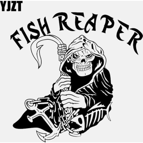YJZT 15.4CM*15.1CM Fish Reaper Fishing Reaper Skull Car Sticker Boat Anchor Truck Window Vinyl Decal Black/Silver C24-0573