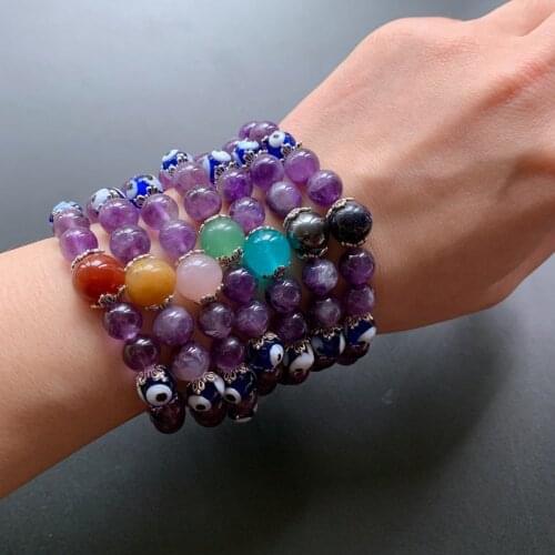 Purple Quartz Stone Beads Bracelet Blue Turkey Evil Eye Bead Bracelet Chakra Crystal Elastic Strand Bracelets 8mm Men Women 1pc