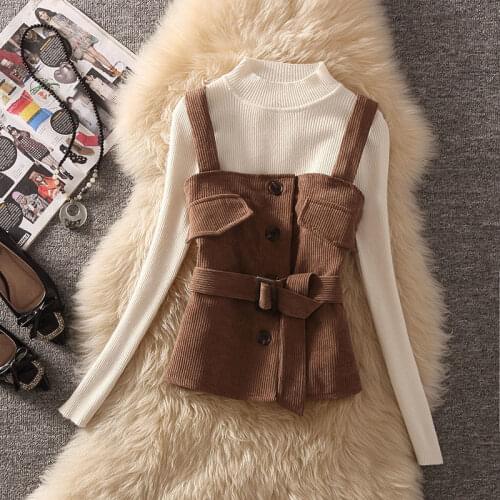 Women 2021 Autumn Winter Fashion Two-piece Sets Female Buttons Corduroy Vest Ladies Solid Color Knitted Slim Tops Suits Q236