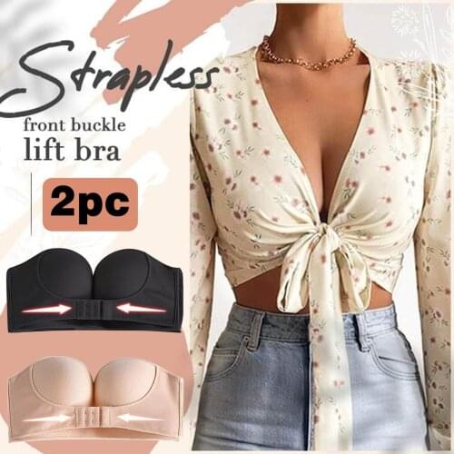 2PCS Black & Beige Womens Bras Push Up Low Cut Strapless Non-Slip Adjustment Rimless Dress Underwear Bras For Night Dress Party