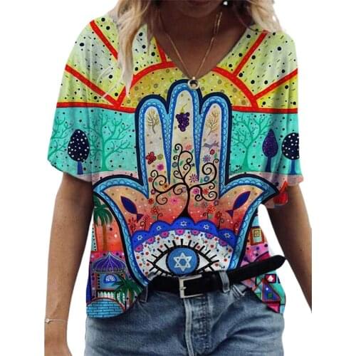 2021 Summer Casual V Neck Beautiful Evil Eye Painting Women T-Shirts Fashion Short Sleeves Abstract Pullover Loose Tops