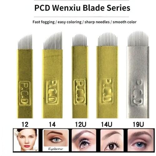 50pcs Hard Pcd 12/14/12/14 U/19U Needles Microblading Needles Permanent Makeup Blades Manual Eyebrow Tattoo Curved Blade