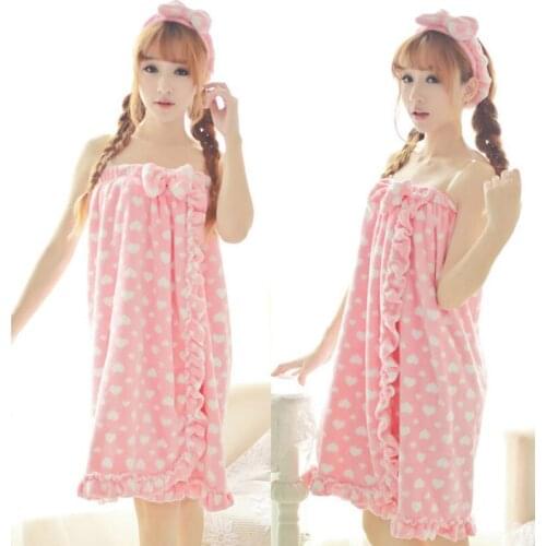 Chest wiping Bath Towel Women Pure Cotton Absorbent Sexy Cute Nightgown Thicker Three piece Bathrobe + hair band + foot cover