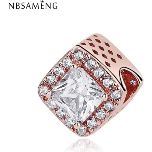 925 Sterling Silver Jewelry Charms Original Crystal Rose Gold Beads Fit Bracelet Geometric Radiance DIY Charm
