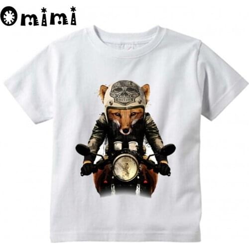Boys/Girls Fox Biker Printed T Shirt Kids Short Sleeve Tops Baby Childrens Funny White T-Shirt