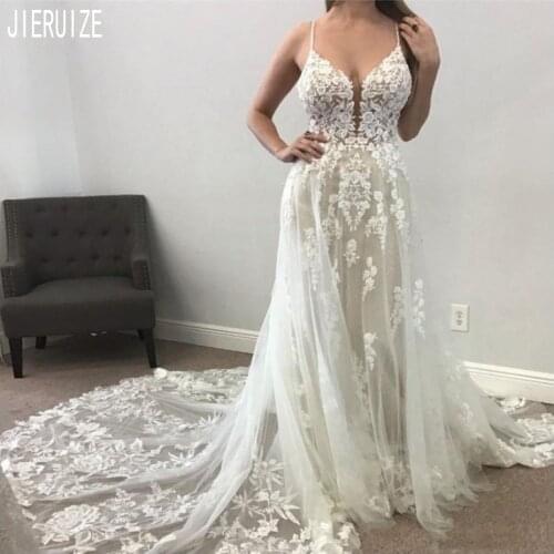 JIERUIZE Modern Long Tulle Wedding Dresses Spaghetti Straps Lace Appliques Open Back Wedding Gowns robe de mariee Bridal Gowns