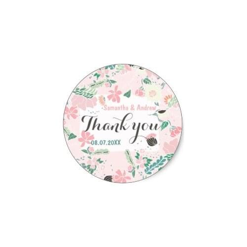 3.8cm Pastel handdrawn floral pink wedding Thank you Classic Round Sticker