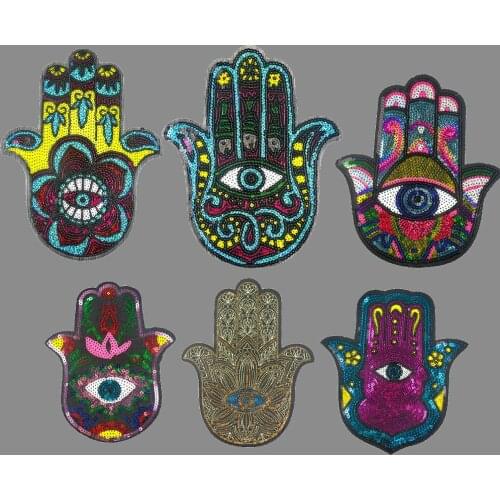 Fashion Sequins Hand Fatima Patches DIY Iron-On Patches for Clothes Sticker Hamsa Hand Embroidery Appliqued on Clothes Accessory