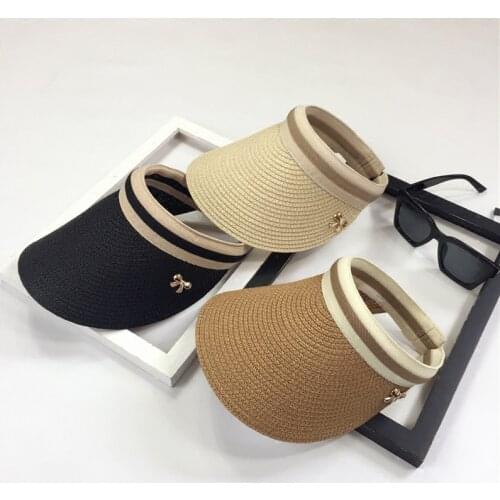 Fashion Summer Womens Casual Lined Sun Visor Caps Straw Hats Metal Bowknot Adult Handmade DIY Sun Shade Beach Top Hats