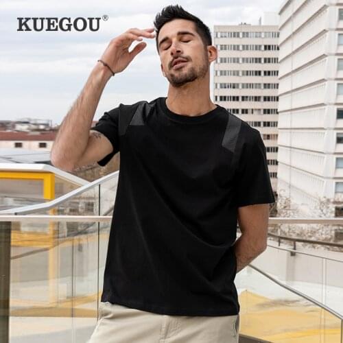 KUEGOU 100% Cotton Clothing Mens T-shirt Short Sleeve High Quality Summer Tshirt Patchwork Fashion Black Top Plus Size 90079