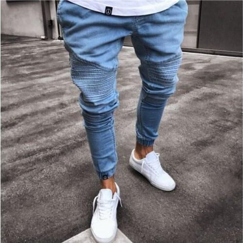 Fashion Streetwear Cool Creasing Jeans Homme Mens Motorcycle Slim Fit Black Blue Moto Denim Pants Joggers Skinny