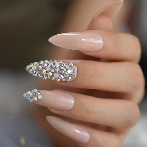 Bling Rhinestones Natural Nude Stiletto False Fake Nails Extra Long Pointed Press On Glossy Salon Party Wear UV Nail Art Tips