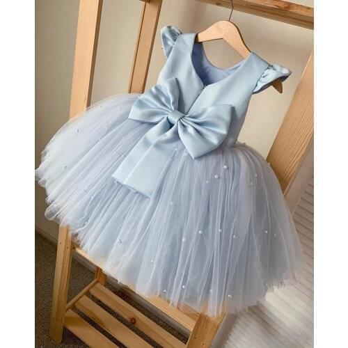 Custom Sky Blue Puffy Baby Girls Dresses Big Bow Infant Girl Dress for Birthday Toddler Girls Birthday Party Gown