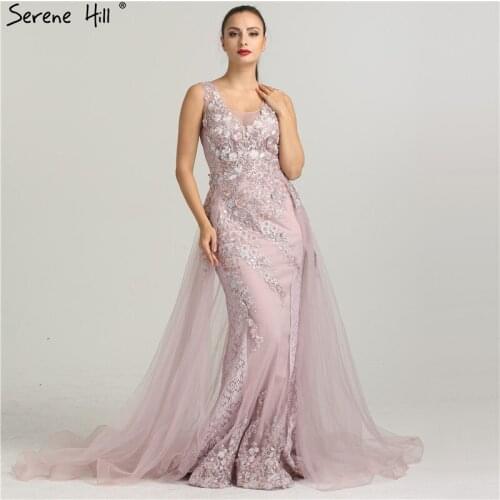 Newest Sleeveless Mermaid Tulle Formal Evening Dresses Flowers Pearls Fashion With Train Evening Gowns 2020 Serene Hill LA6442