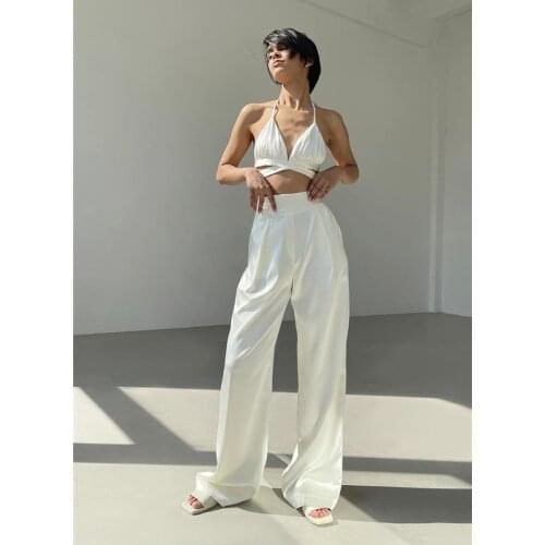2021 Summer New Womens Fashion Sexy Bandage Two-piece Set Pant Set Halter Neck Lace Up Backless Crop Top Drape Satin Pant Sets