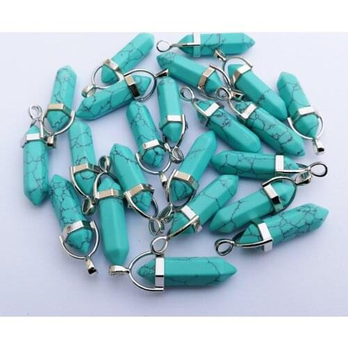Wholesale 50pcs blue calaite stone Pendants Natural Hexagonal alloy pillar Pendants & necklaces for making Jewelry