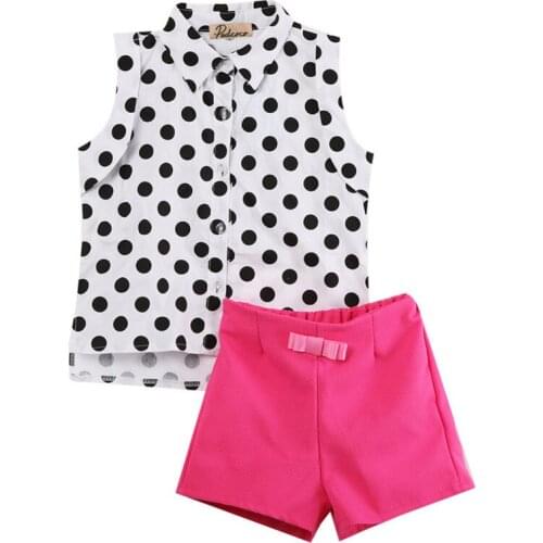 2-7 Years Girls Clothing Set Black Dot Shirts For Girls Sleeveless Tops Girls Solid Red Shorts Girls Clothes Set Children Suit