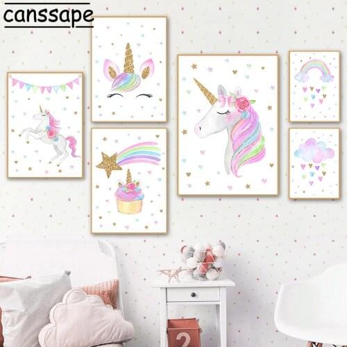 Nursery Canvas Painting Unicorn Art Prints Rainbow Cloud Posters Star Heart Print Flower Wall Pictures Baby Girls Bedroom Decor
