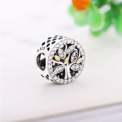 Authentic 925 Sterling Silver Tree of Life Gold leaf Zirconia Bead Fit Original Charm Bracelet For Making Women Berloque 2020