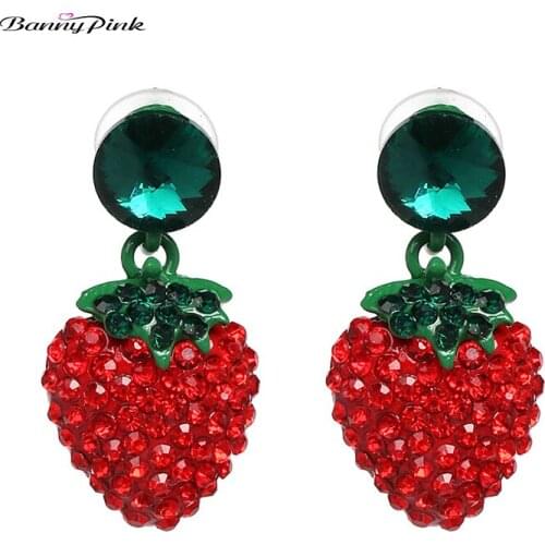 Banny Pink Strawberry Earrings For Women Cute Rhinestone Statement Pendant Studs Earrings Lovely Enamel Post Earrings Brincos