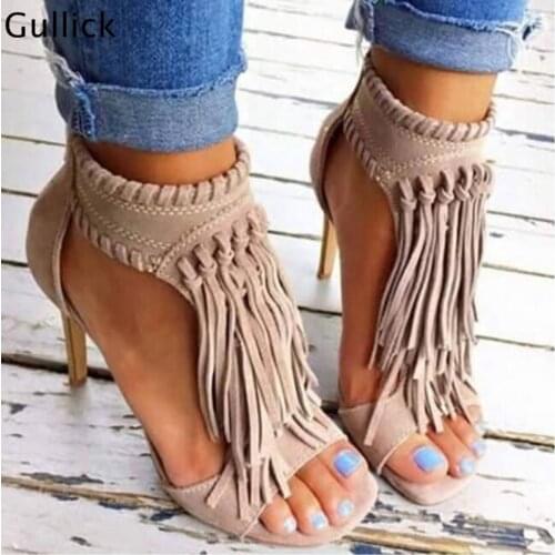 Apricot Suede Fringe Sandals Fashionable Tassels Weave Ankle Strap Design Open Toe High Thin Heeled Party Shoes For Woman