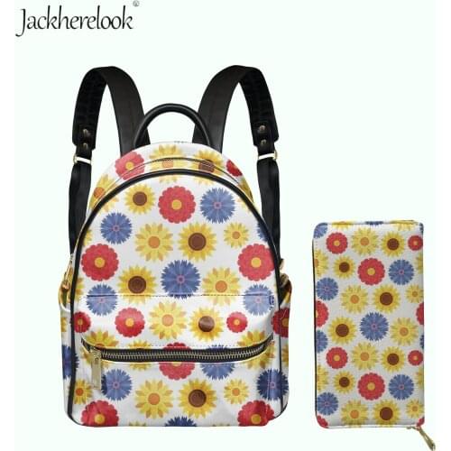 Stylish Female Shoulders Bag Sunflower Pattern Pu Leather Women Backpack Clutch Moneybag Set Casual Daypack Shopper Storage Bag