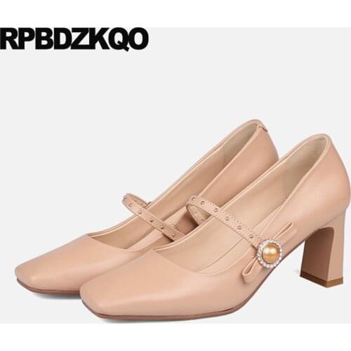 Block Heels Shoes For Women Square Toe Beige Stud Crystal Diamond Rivet High Thick Pearl Mary Jane Pumps Vintage Jewel 3 Inch
