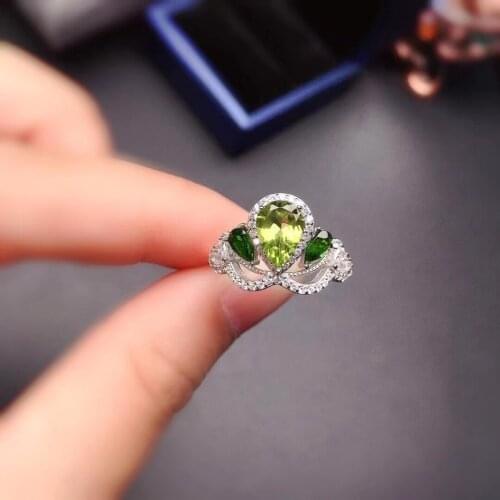 Vintage Silver Crown Ring with Gemstone 6mm*8mm Pear Cut Natural Peridot Ring 925 Silver Peridot Jewelry
