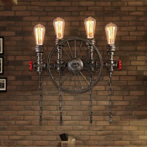 Vintage iron wall lamp loft wall lamp. Creative Bicycle Wheel water pipe wall lamp bar inn lighting fixture industrial deco art